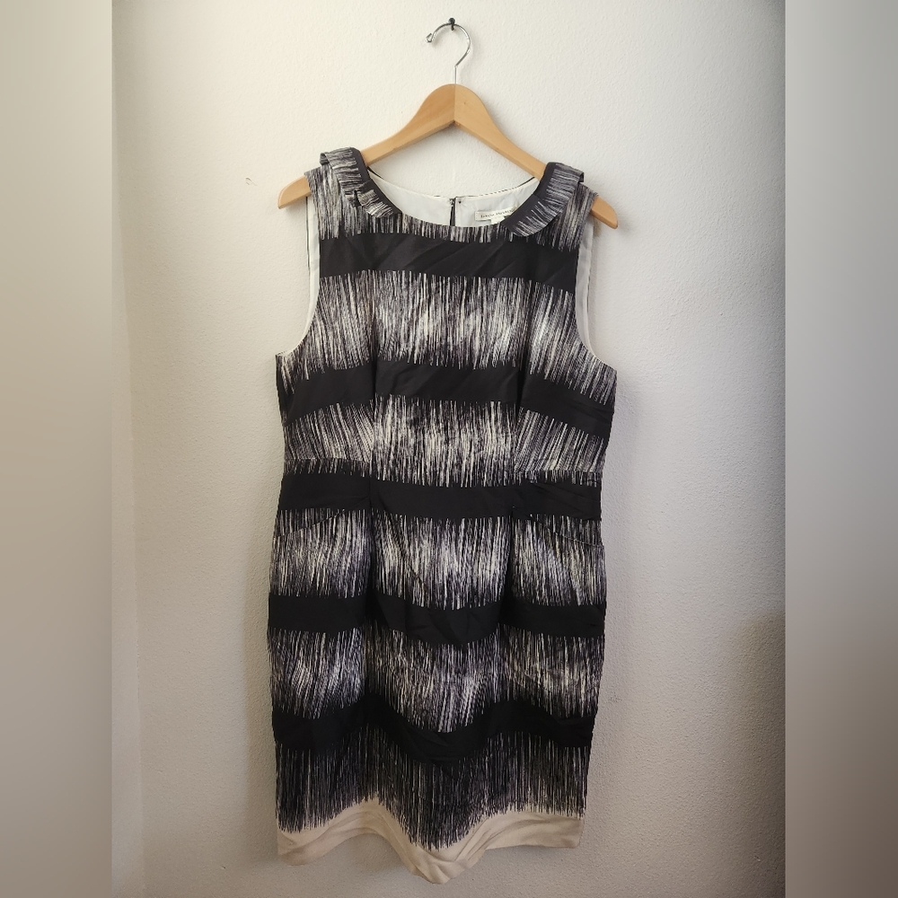 Banana Republic Silk Sheath Midi Dress‎ Abstract Striped Black Cream Size 14